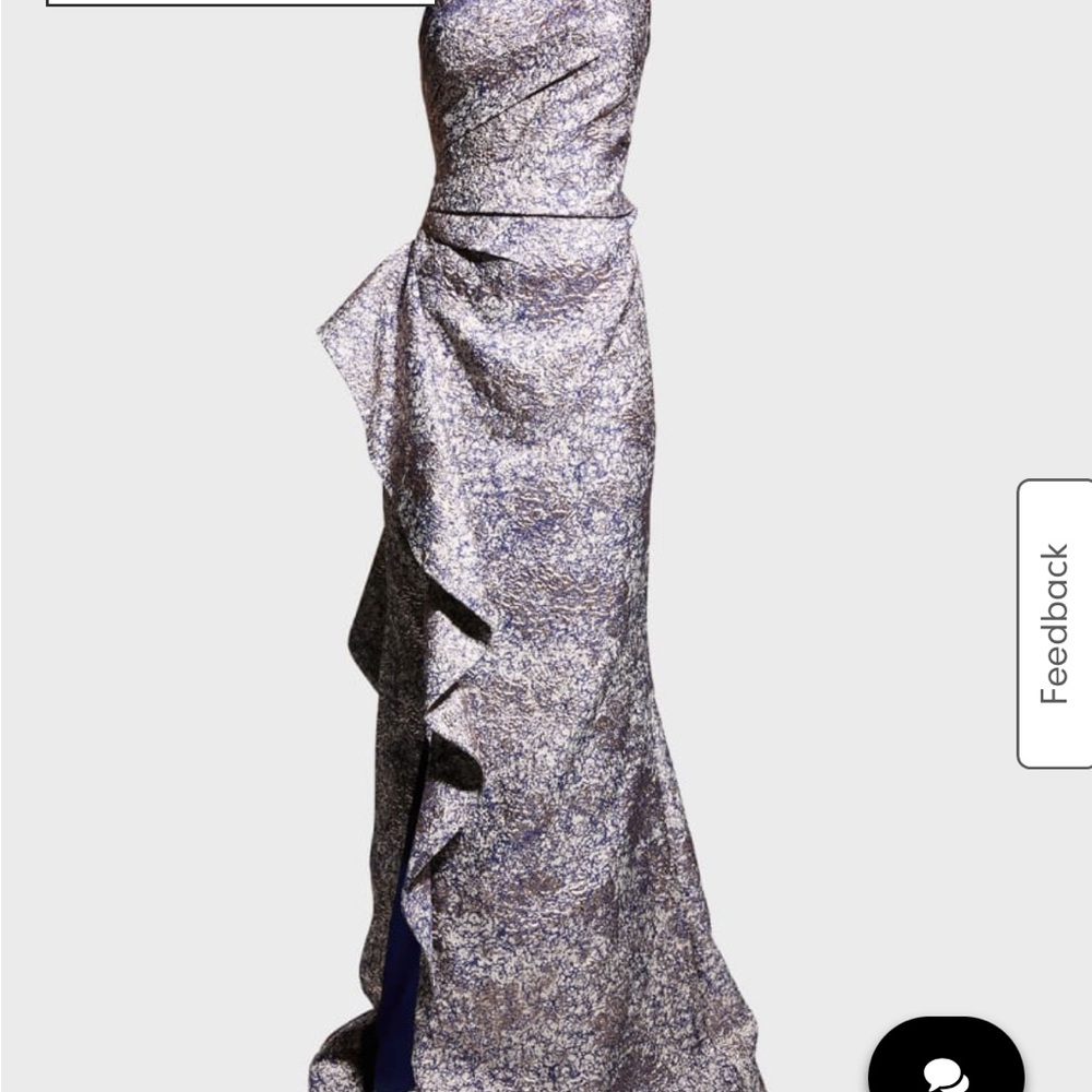 Ricki Freeman for Teri Jon Metallica Jacquard One Shoulder Side Ruffle Gown